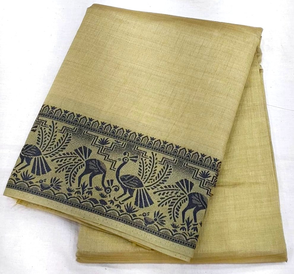 Fancy saree Gold color with black color thread design peacock border