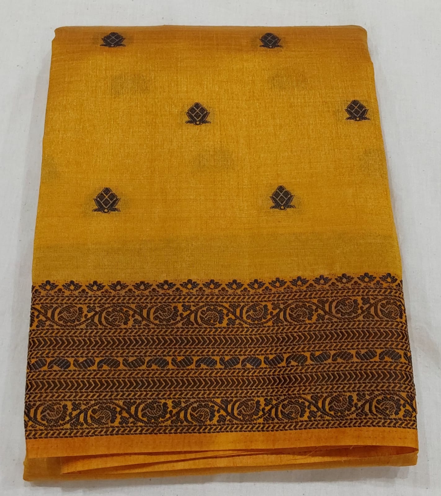 Fancy saree Yellow color with black color thread design peacock border