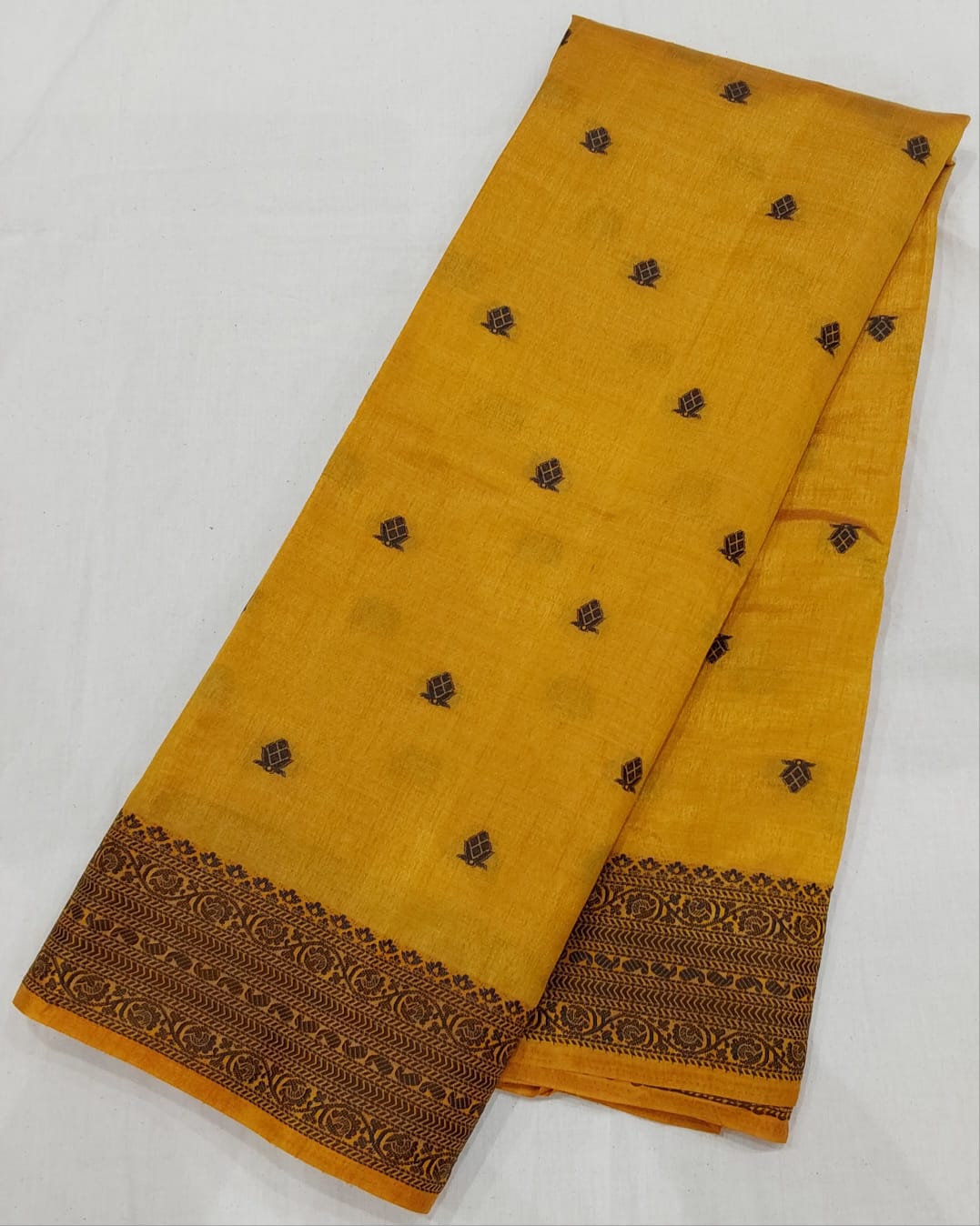 Fancy saree Yellow color with black color thread design peacock border