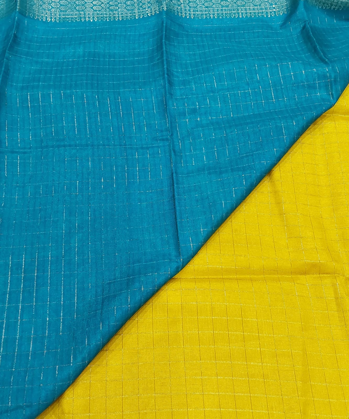Kochamalli Semi Silk Saree Yellow color with Sky Blue color Zari border