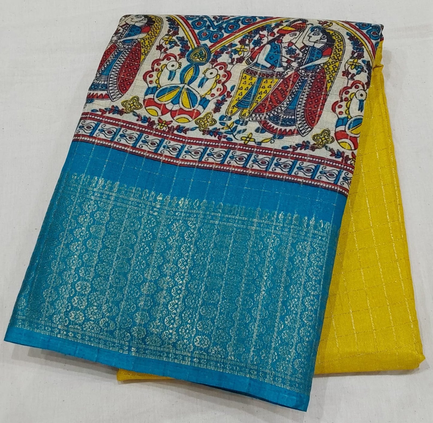 Kochamalli Semi Silk Saree Yellow color with Sky Blue color Zari border