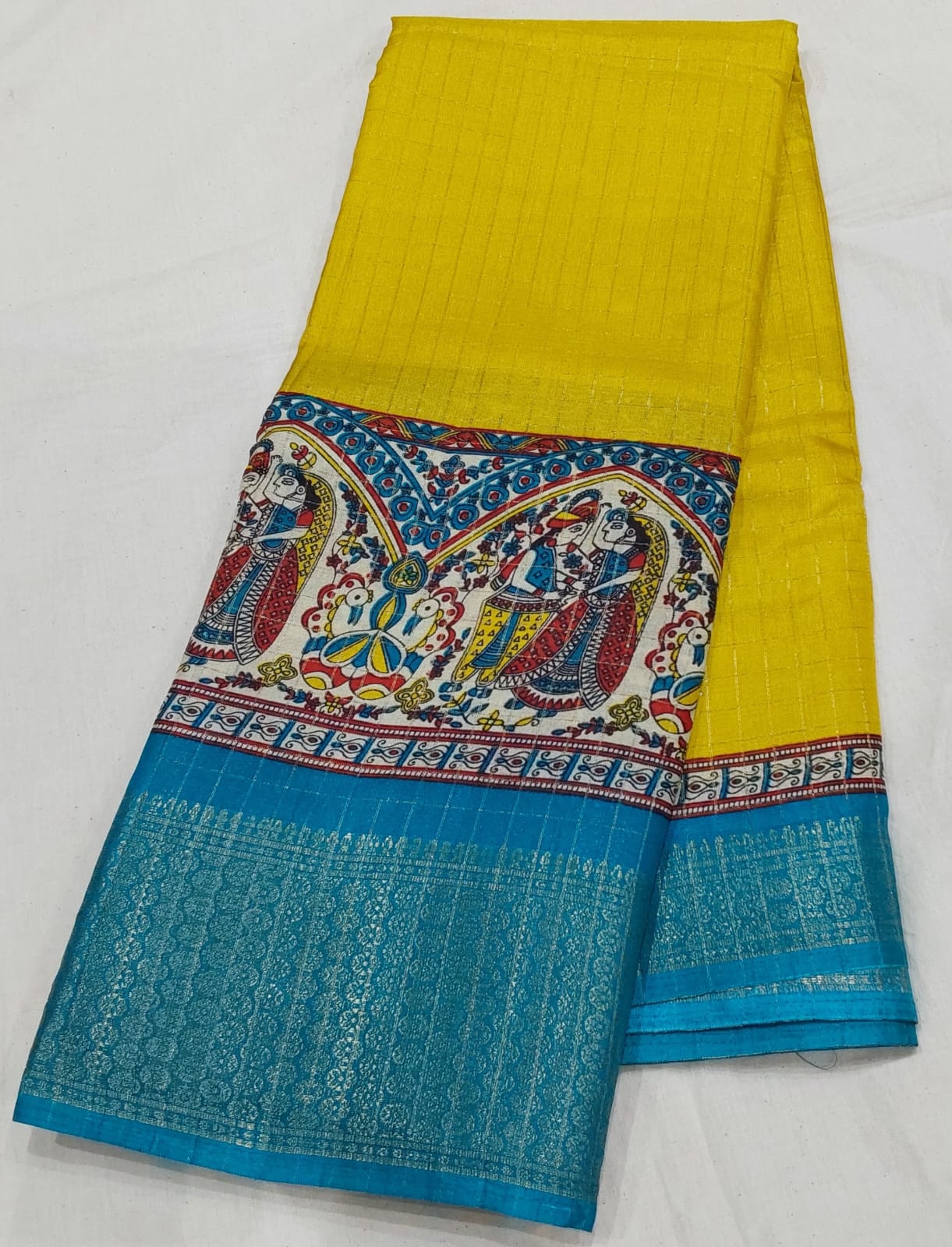 Kochamalli Semi Silk Saree Yellow color with Sky Blue color Zari border