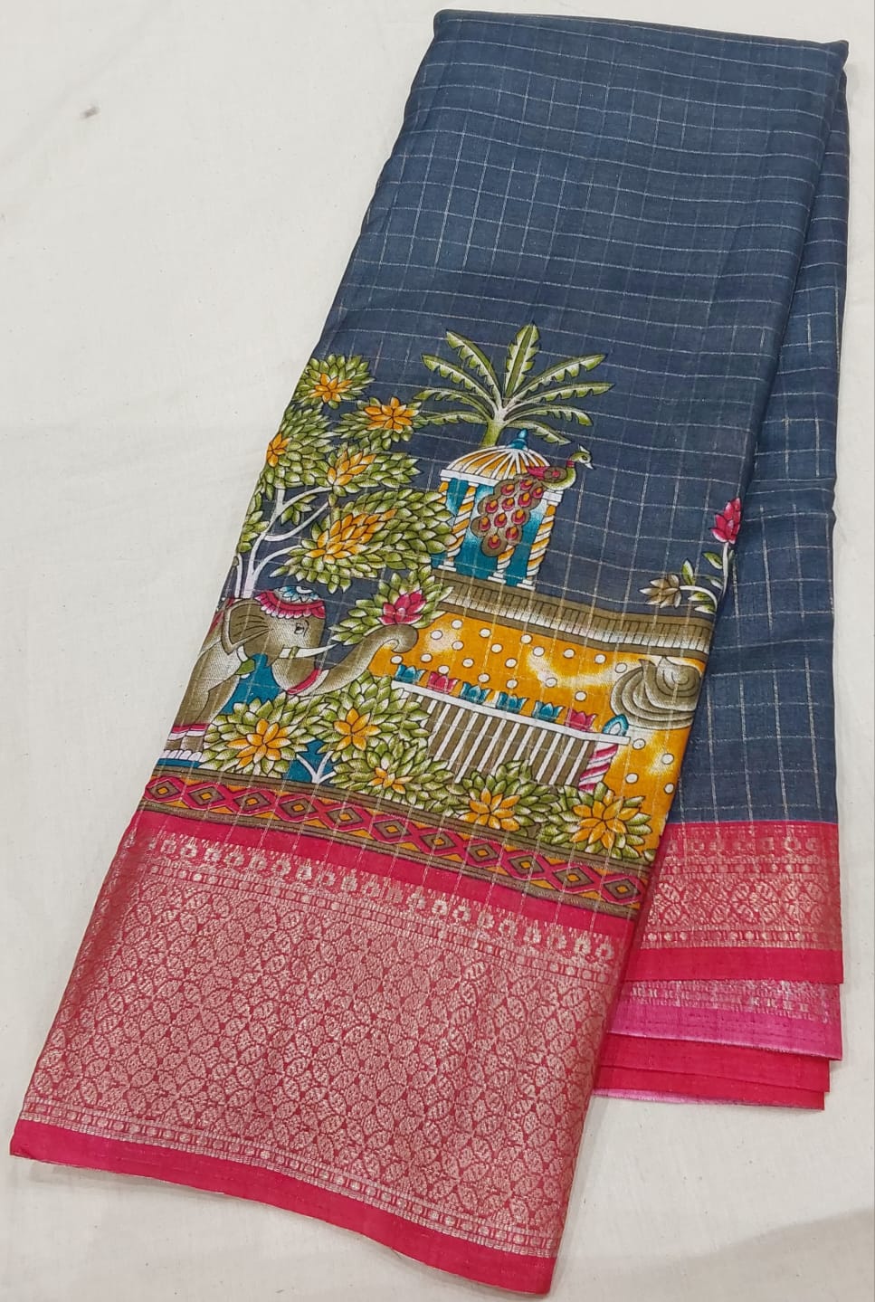 Kochamalli Semi Silk Saree Grey color with Pink color Zari border