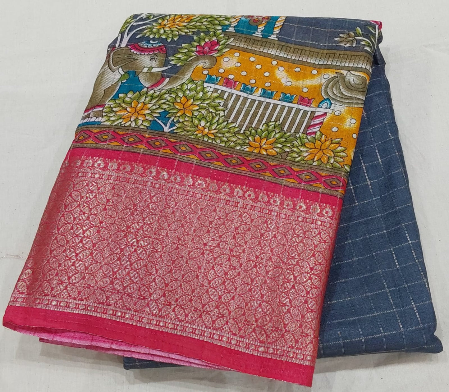 Kochamalli Semi Silk Saree Grey color with Pink color Zari border