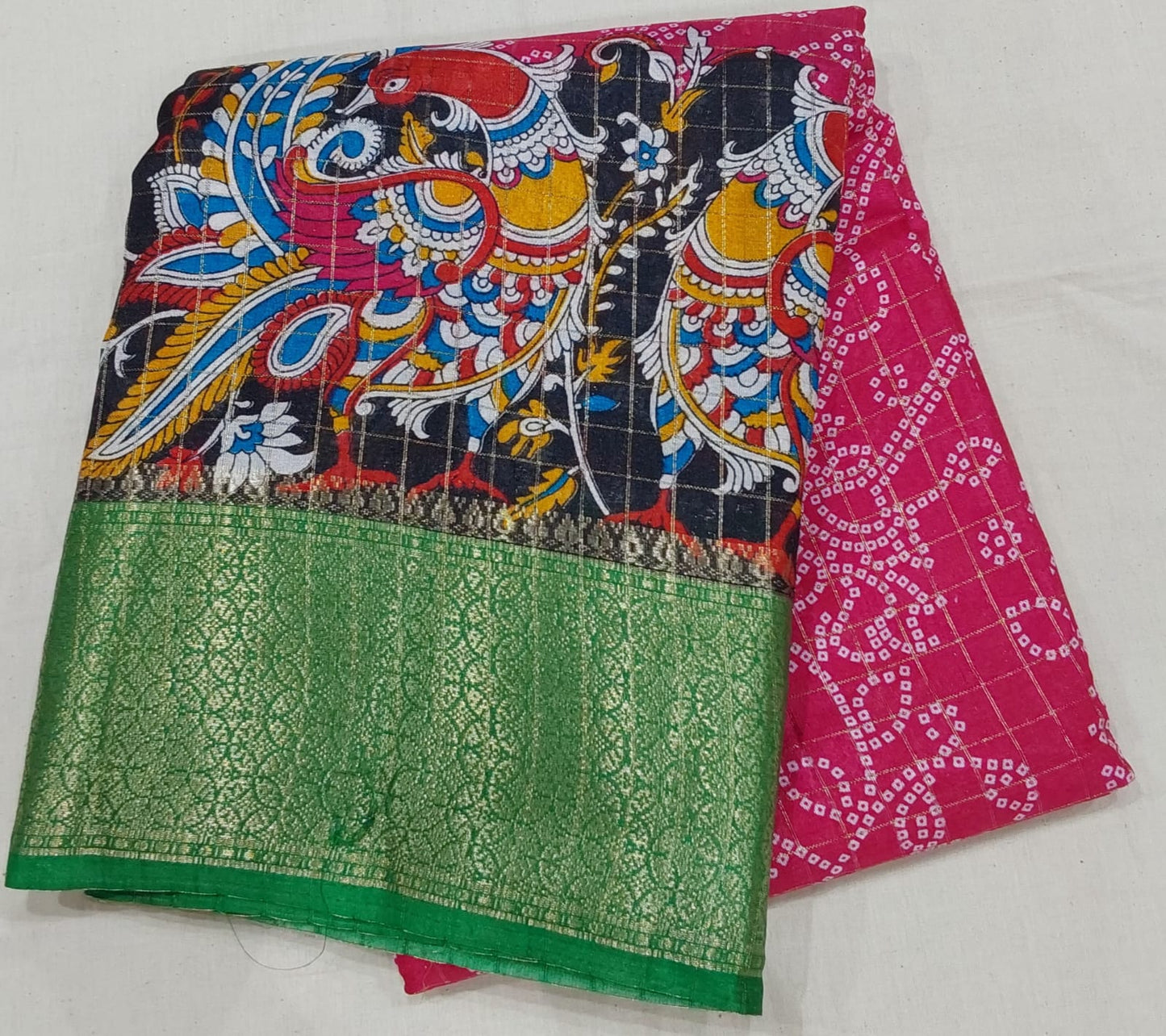 Kochamalli Semi Silk Saree Pink color with Green color Zari border