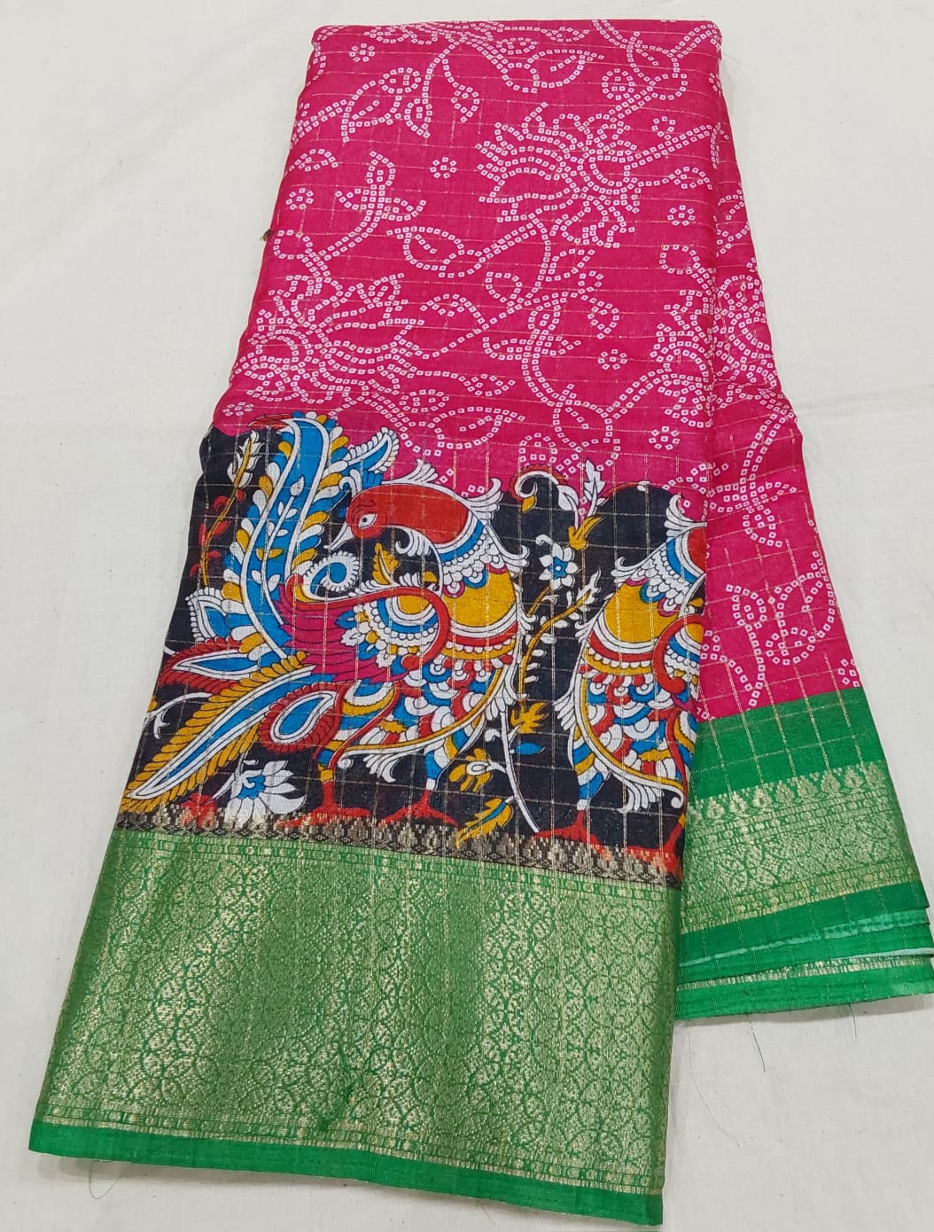 Kochamalli Semi Silk Saree Pink color with Green color Zari border