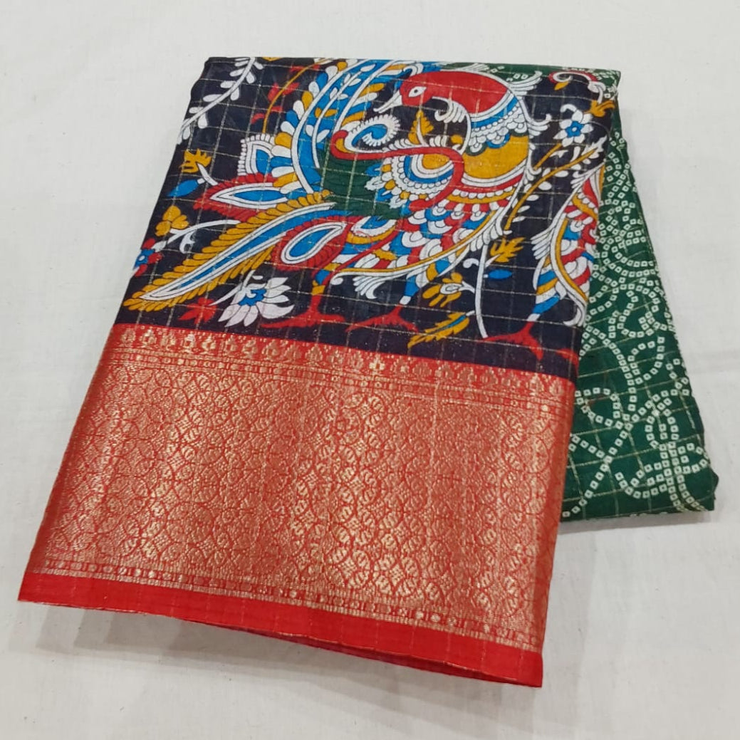 Kochamalli Semi Silk Saree Bottle Green color with Red color Zari border