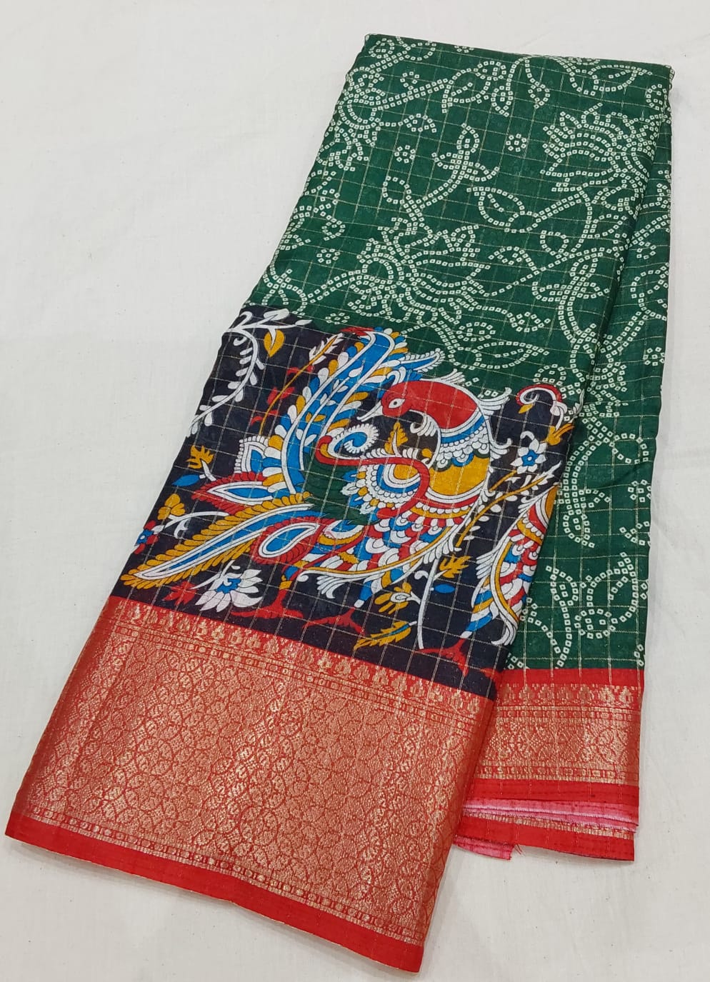 Kochamalli Semi Silk Saree Bottle Green color with Red color Zari border