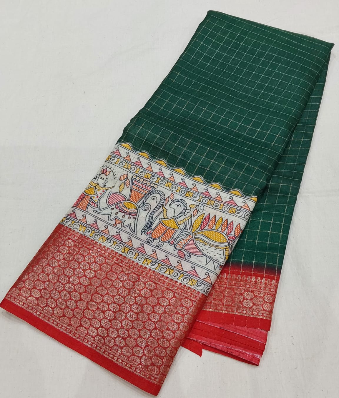 Kochamalli Semi Silk Saree Bottle Green color with Red color Zari border