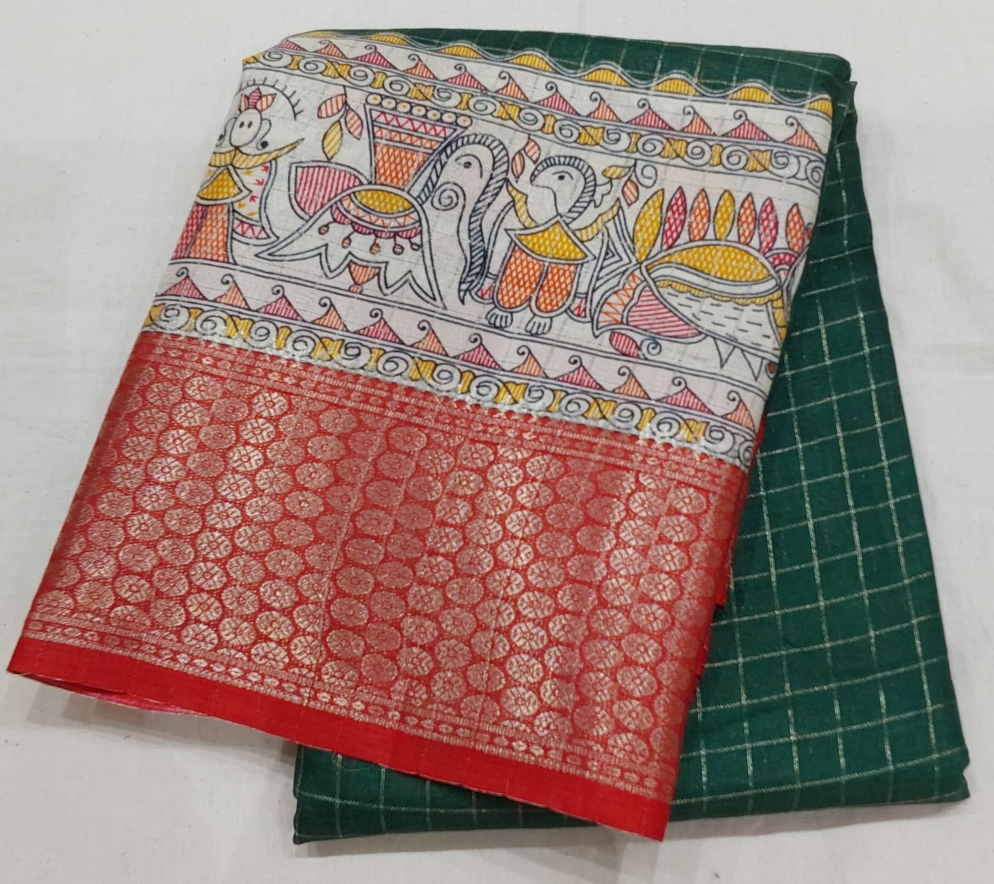Kochamalli Semi Silk Saree Bottle Green color with Red color Zari border