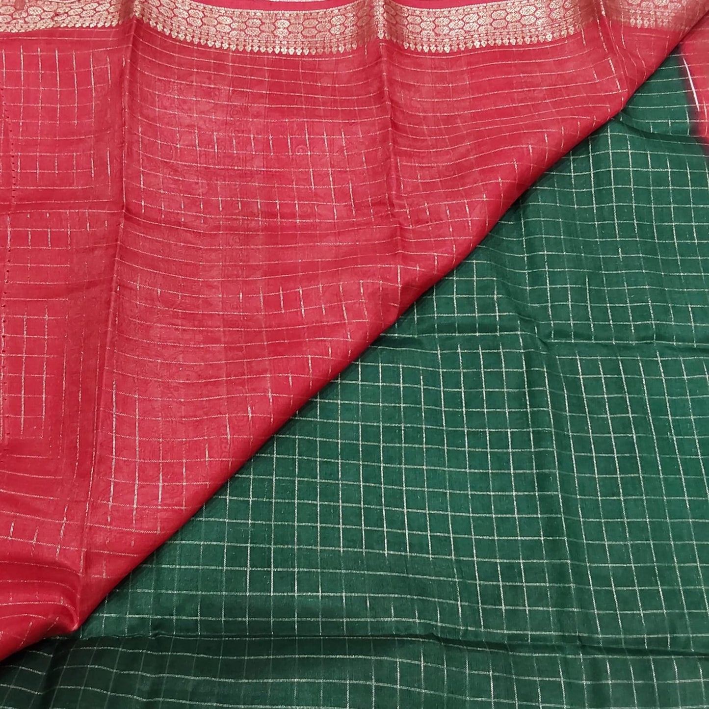 Kochamalli Semi Silk Saree Bottle Green color with Red color Zari border