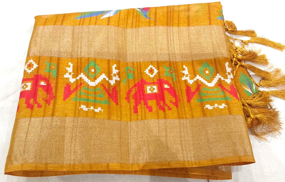 Fancy Yellow color Tussar Silk Saree with Zari border