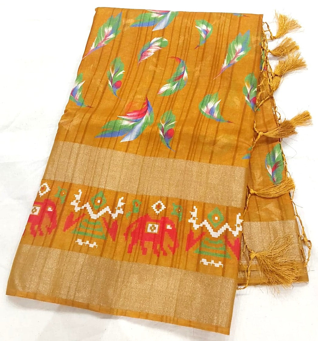 Fancy Yellow color Tussar Silk Saree with Zari border
