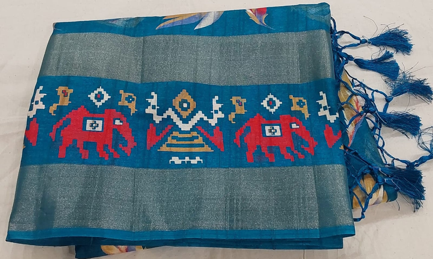 Fancy Peacock Blue Color Tussar Silk Saree With Zari Border