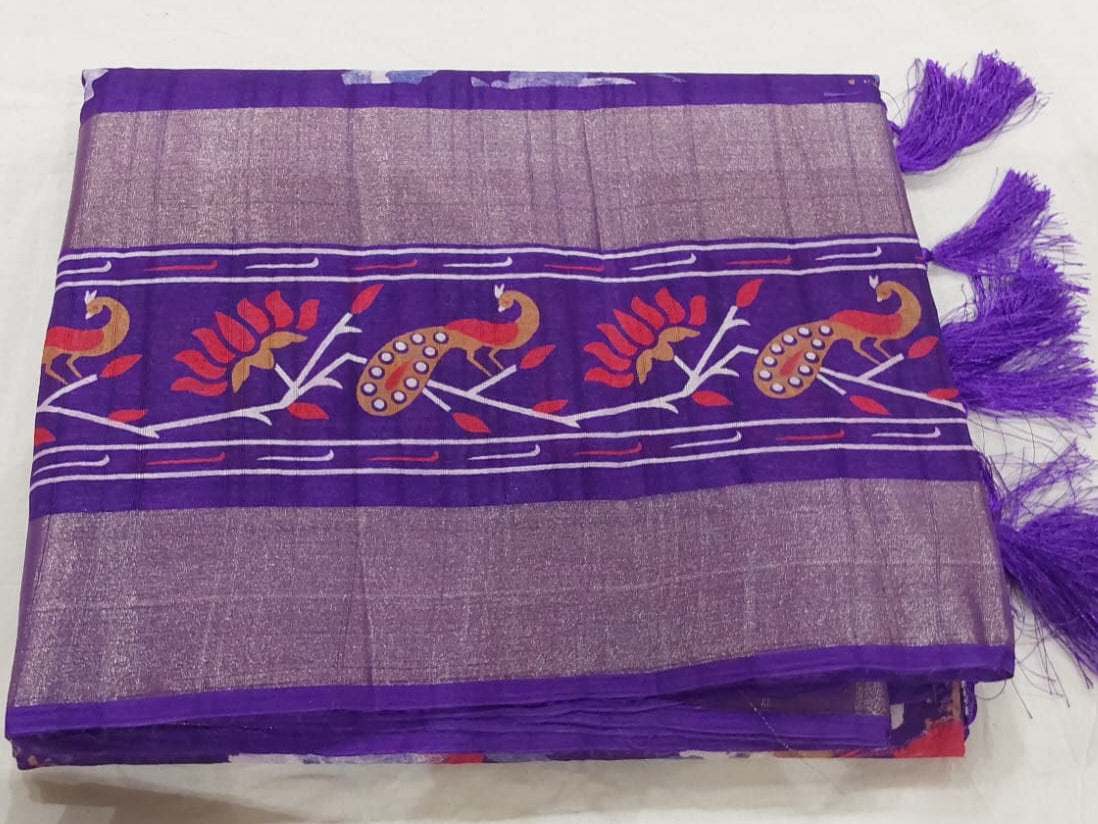 Fancy Violet color Tussar Silk Saree with Zari border