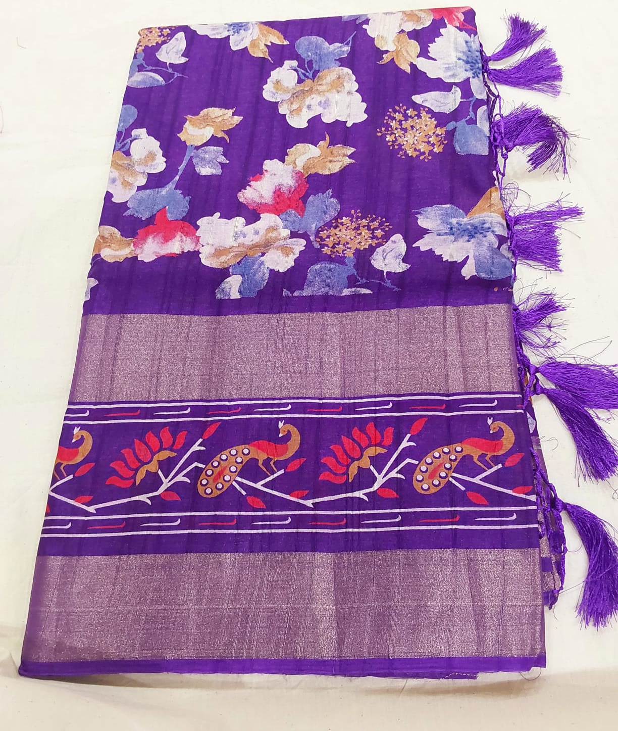 Fancy Violet color Tussar Silk Saree with Zari border