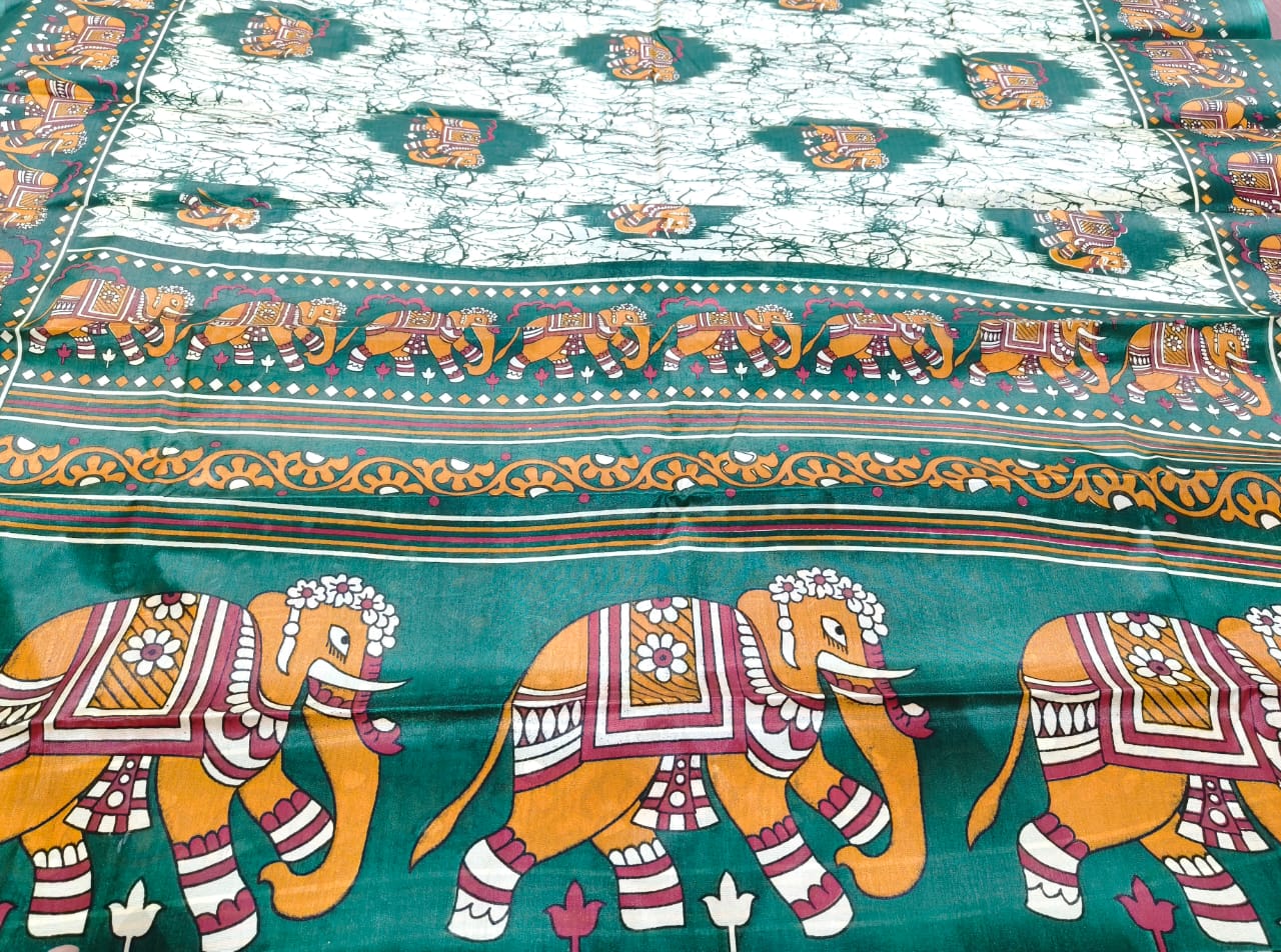 Fancy Saree White with Green color printed Elephant Design