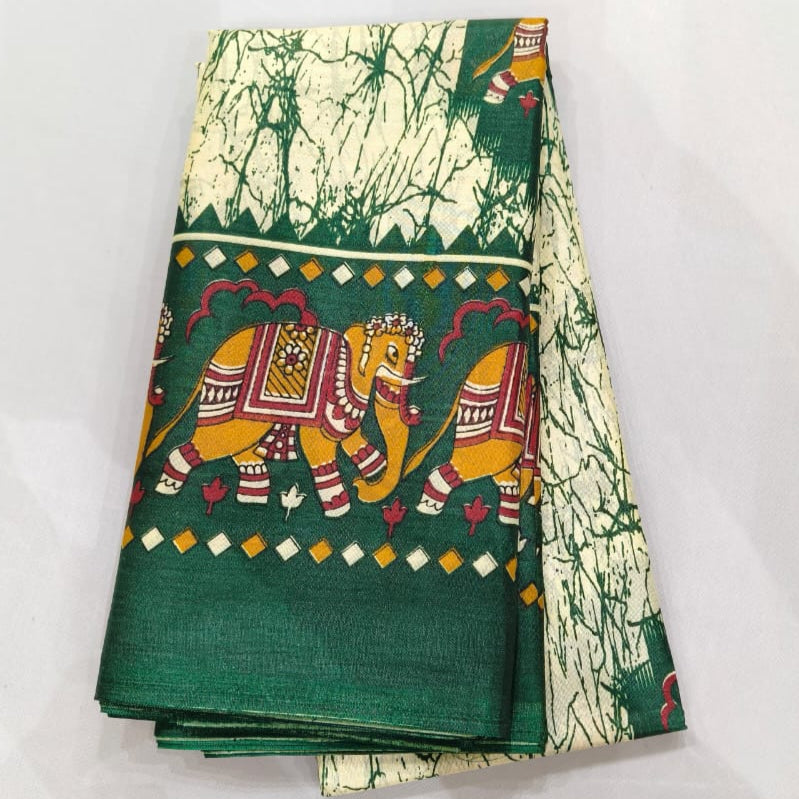 Fancy Saree White with Green color printed Elephant Design