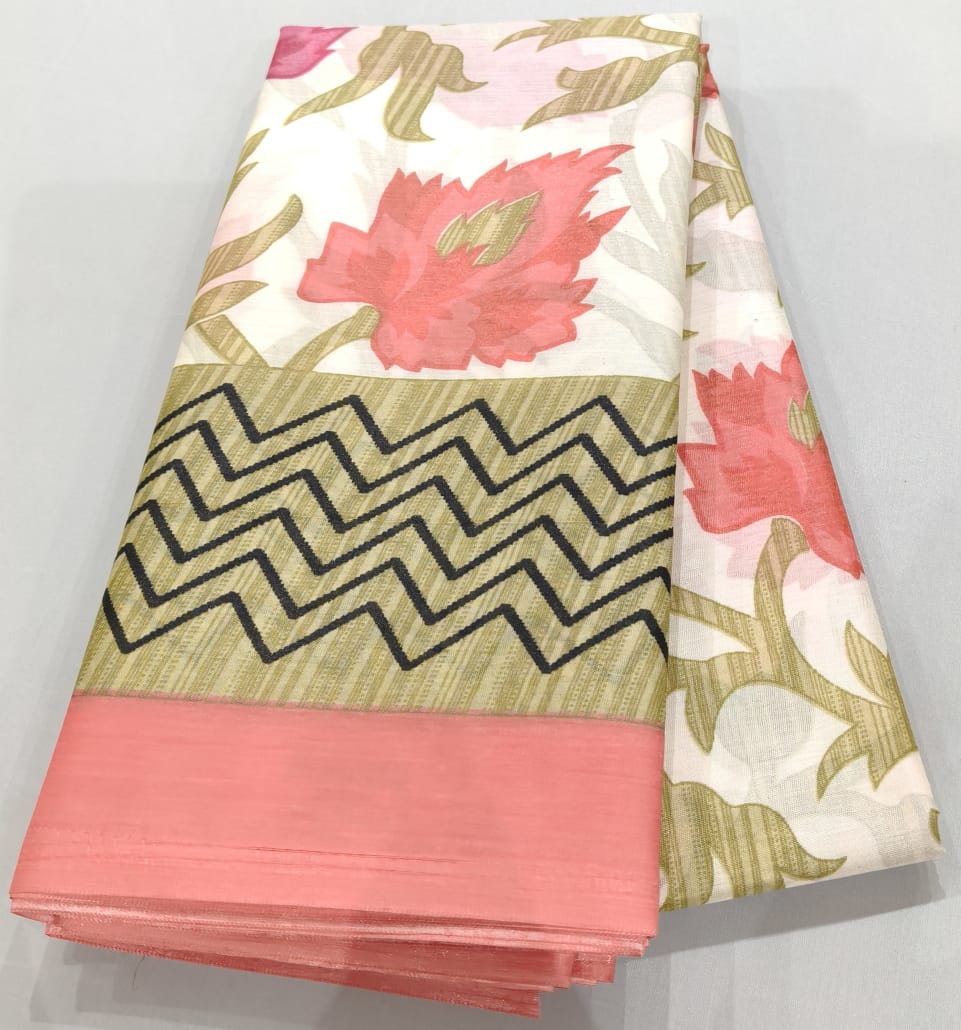 Fancy Saree White color with Pink and red Flower design