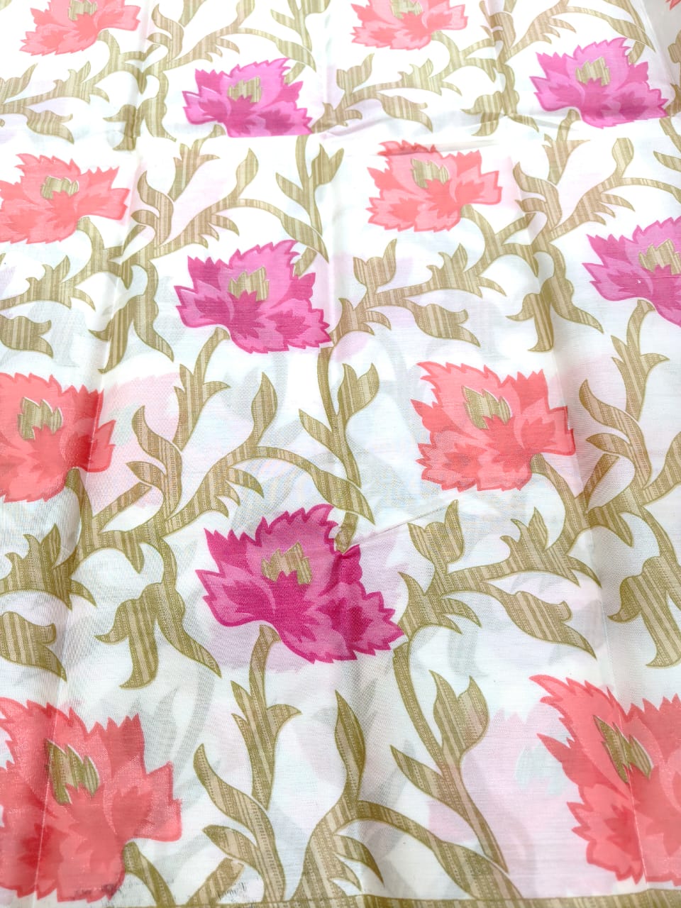 Fancy Saree White color with Pink and red Flower design