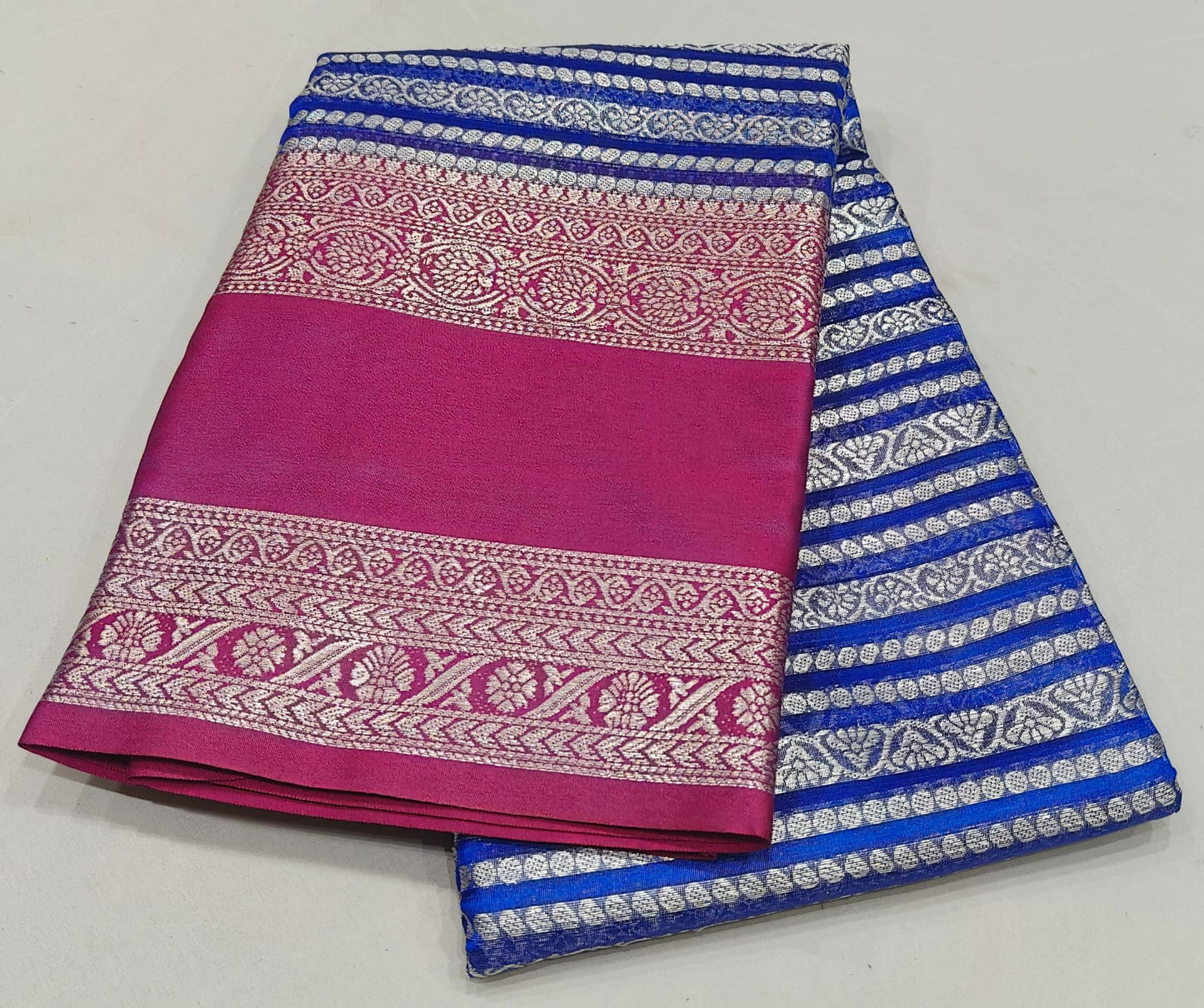 Fancy Silk Saree Blue Color with Pink retta petta border with Silver Zari