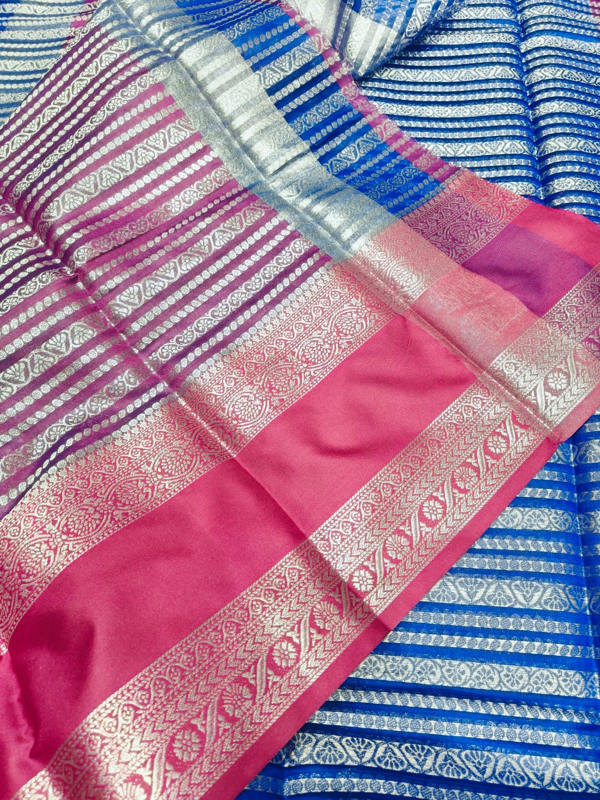 Fancy Silk Saree Blue Color with Pink retta petta border with Silver Zari