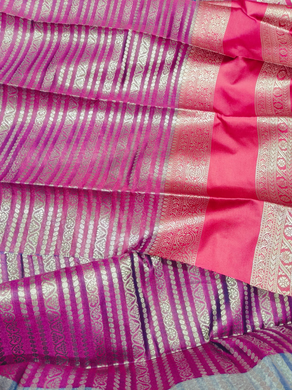 Fancy Silk Saree Blue Color with Pink retta petta border with Silver Zari