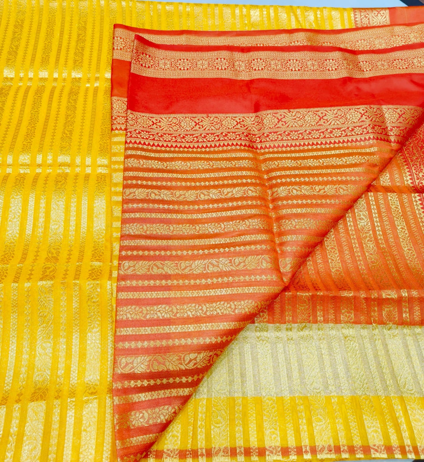 Fancy Silk Saree Yellow Color with Orange color retta petta border