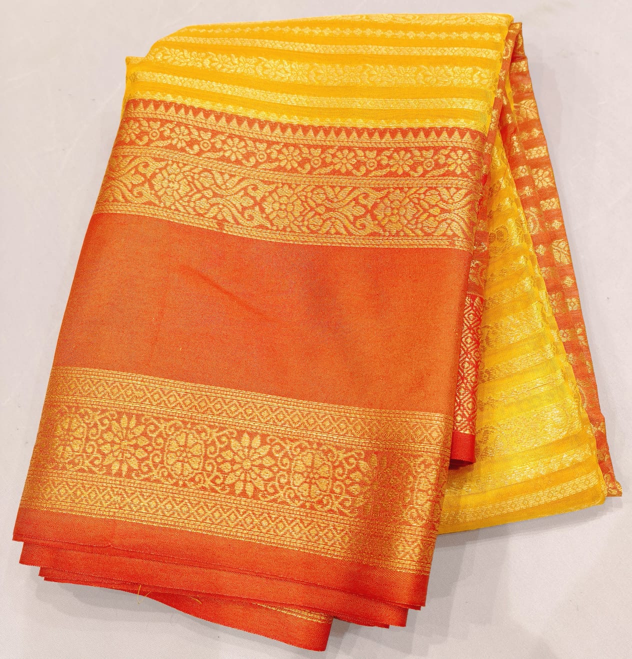 Fancy Silk Saree Yellow Color with Orange color retta petta border