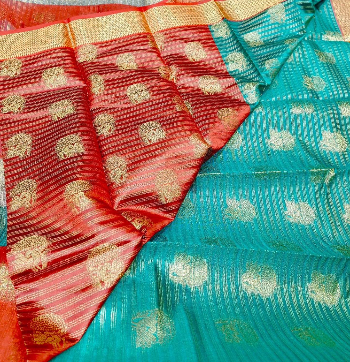 Fancy Silk Saree Bottle Green color with Red color Retta petta border