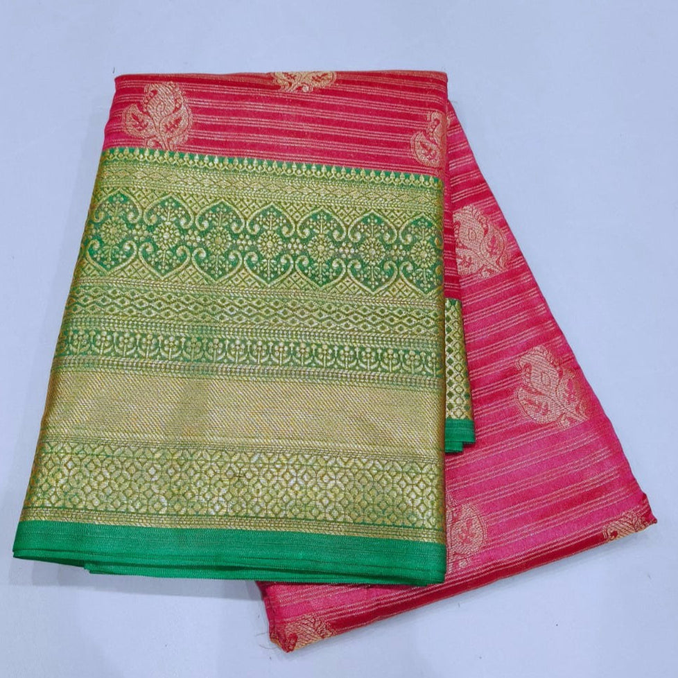 Fancy Silk Saree Light Pink With Green color retta petta border