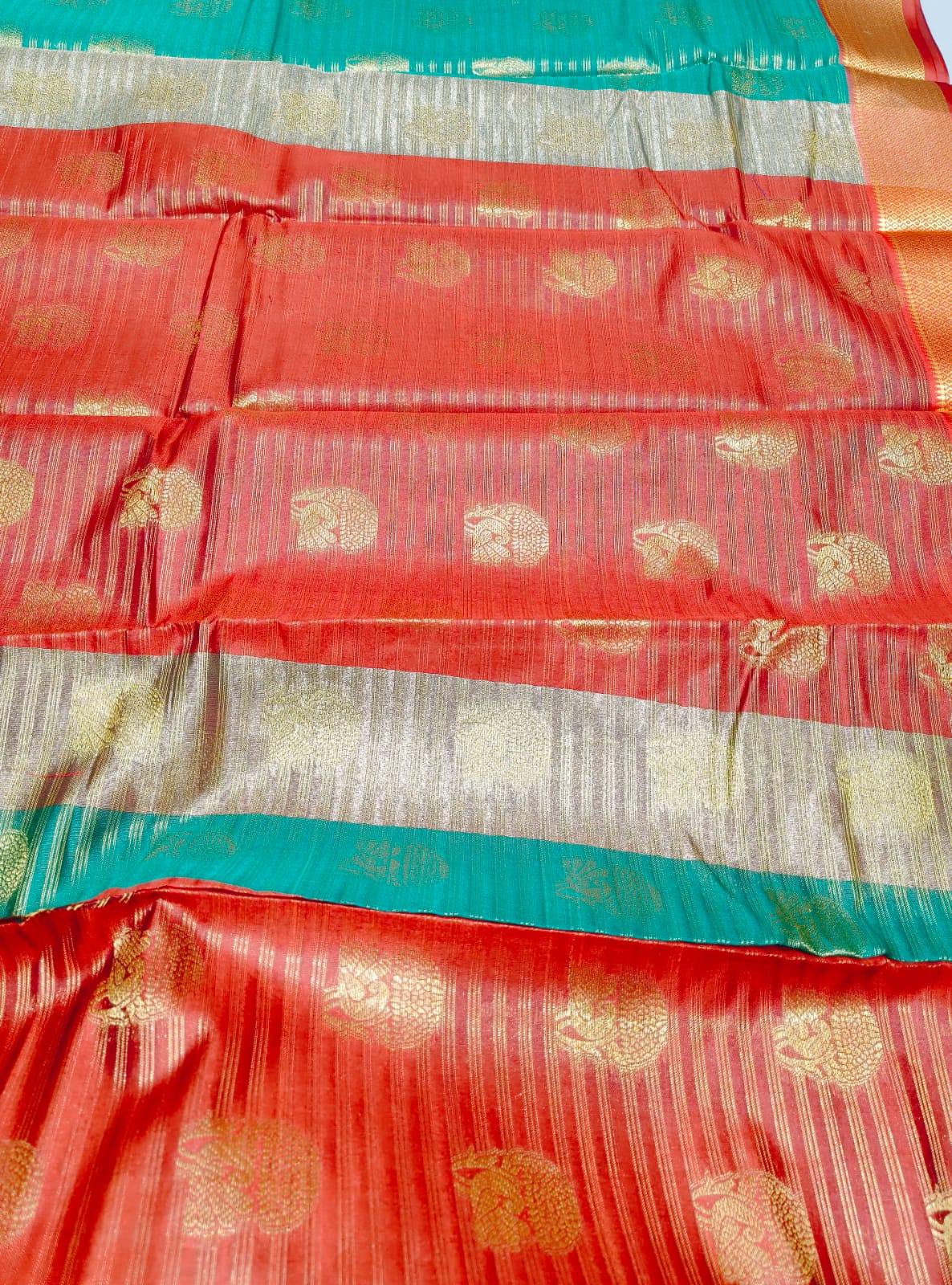 Fancy Silk Saree Bottle Green color with Red color Retta petta border