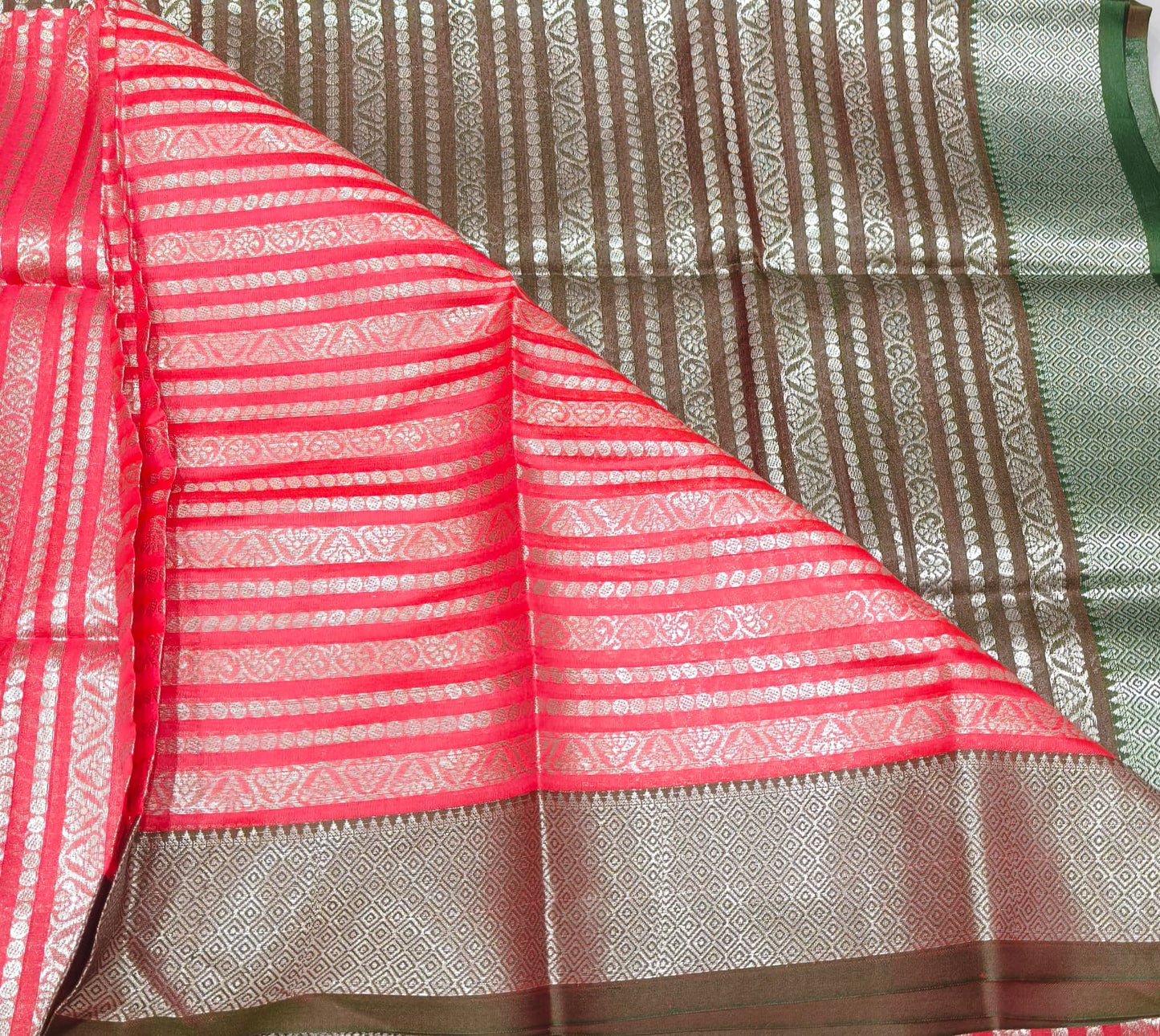 Fancy Silk Saree Pink color with leaf green retta petta border with silver Zari