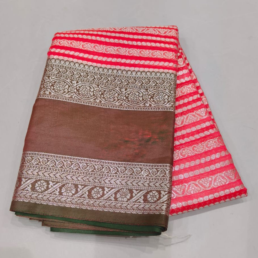 Fancy Silk Saree Pink color with leaf green retta petta border with silver Zari