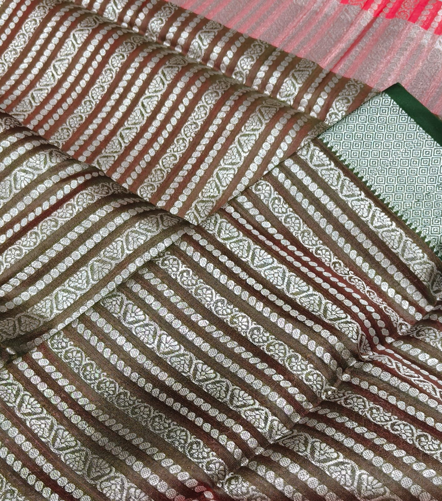 Fancy Silk Saree Pink color with leaf green retta petta border with silver Zari