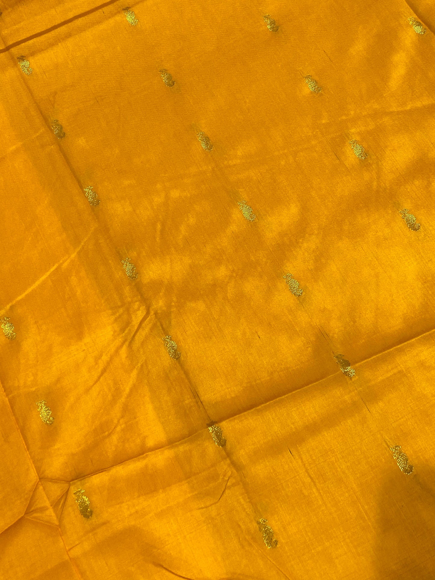 Semi Silk Saree – Yellow with Sky Blue Contrast Border & Mango Buttas