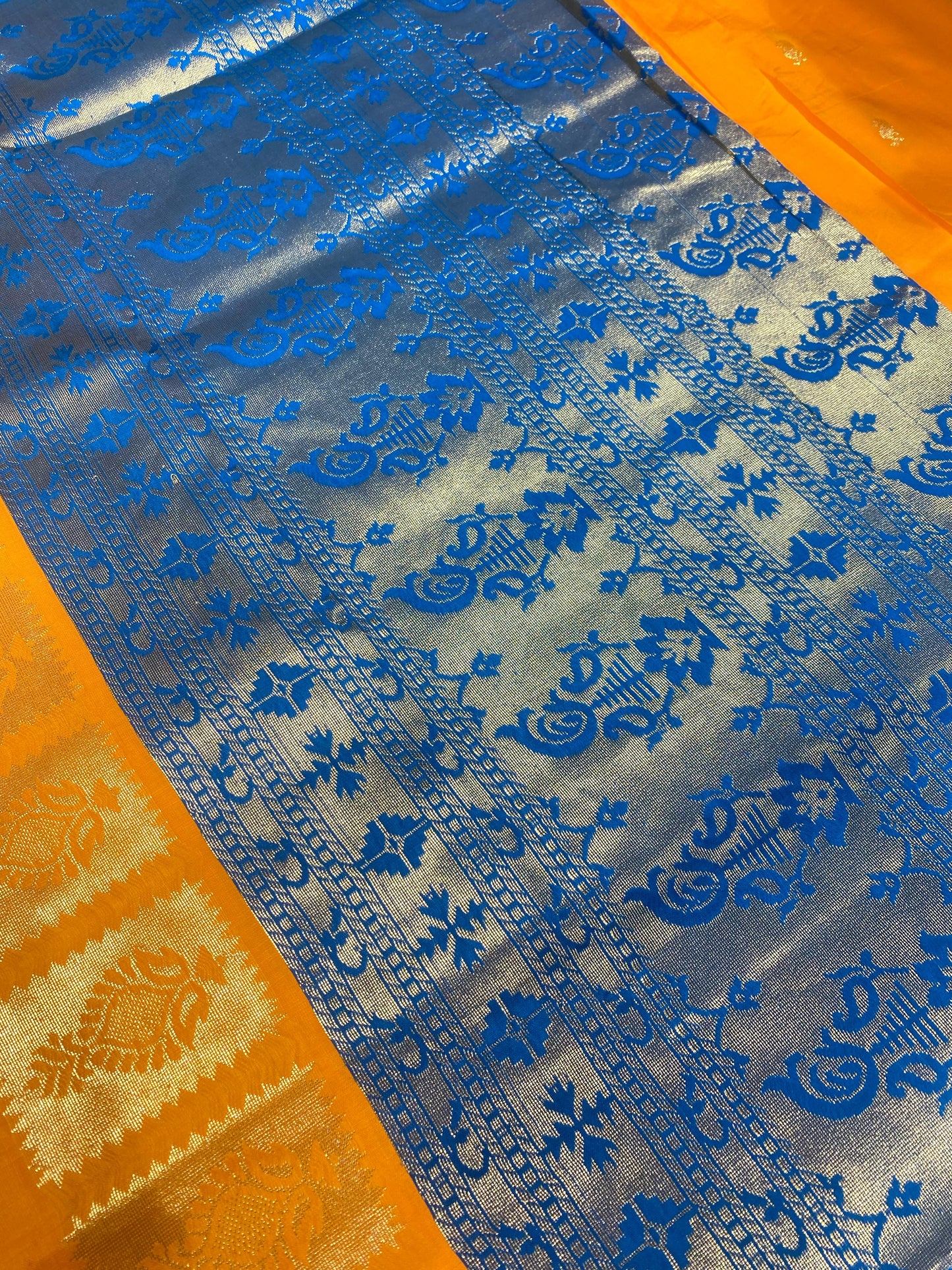 Semi Silk Saree – Yellow with Sky Blue Contrast Border & Mango Buttas