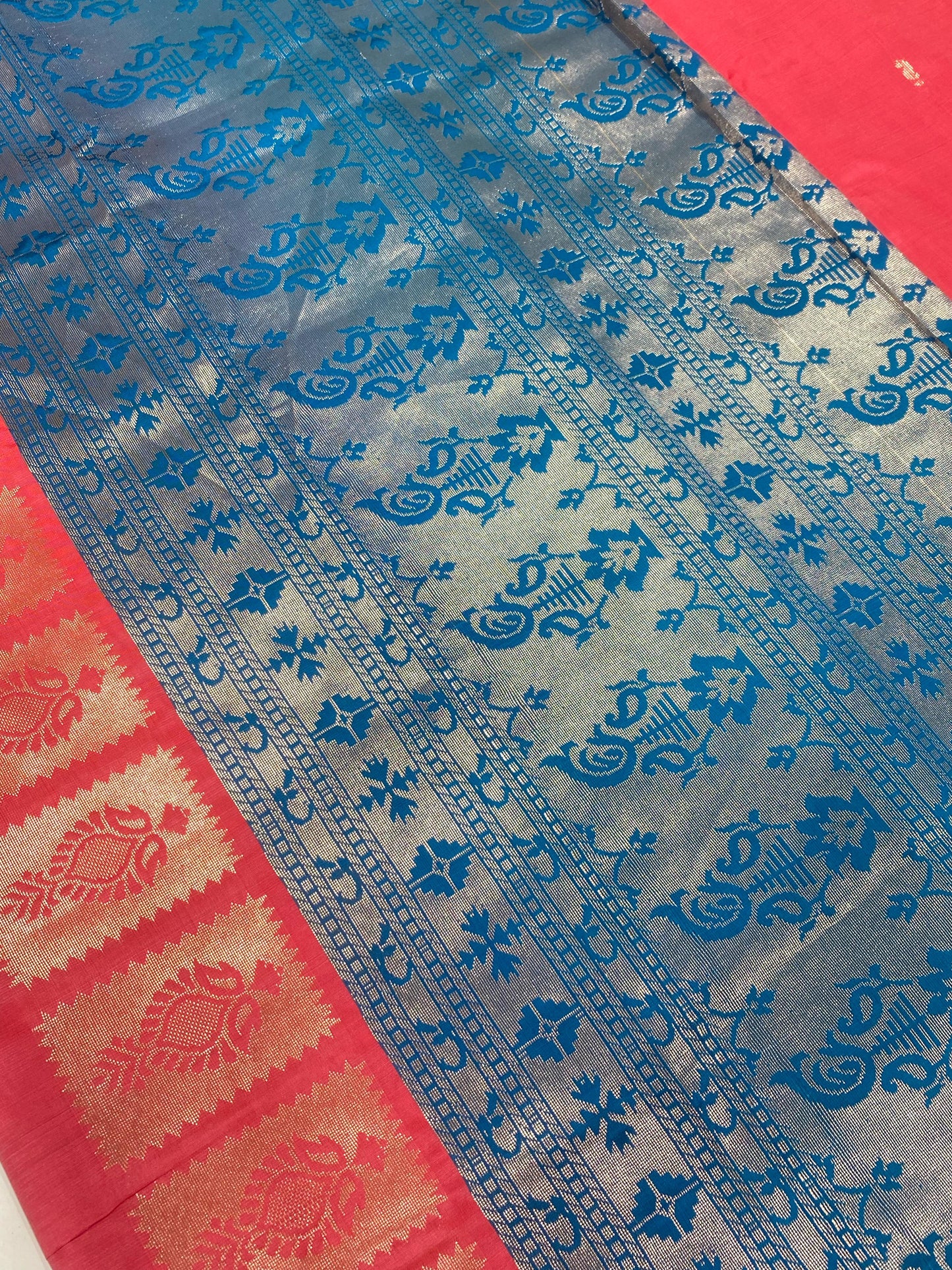 Semi Silk Saree – Pink with Sky Blue Contrast Border & Mango Buttas