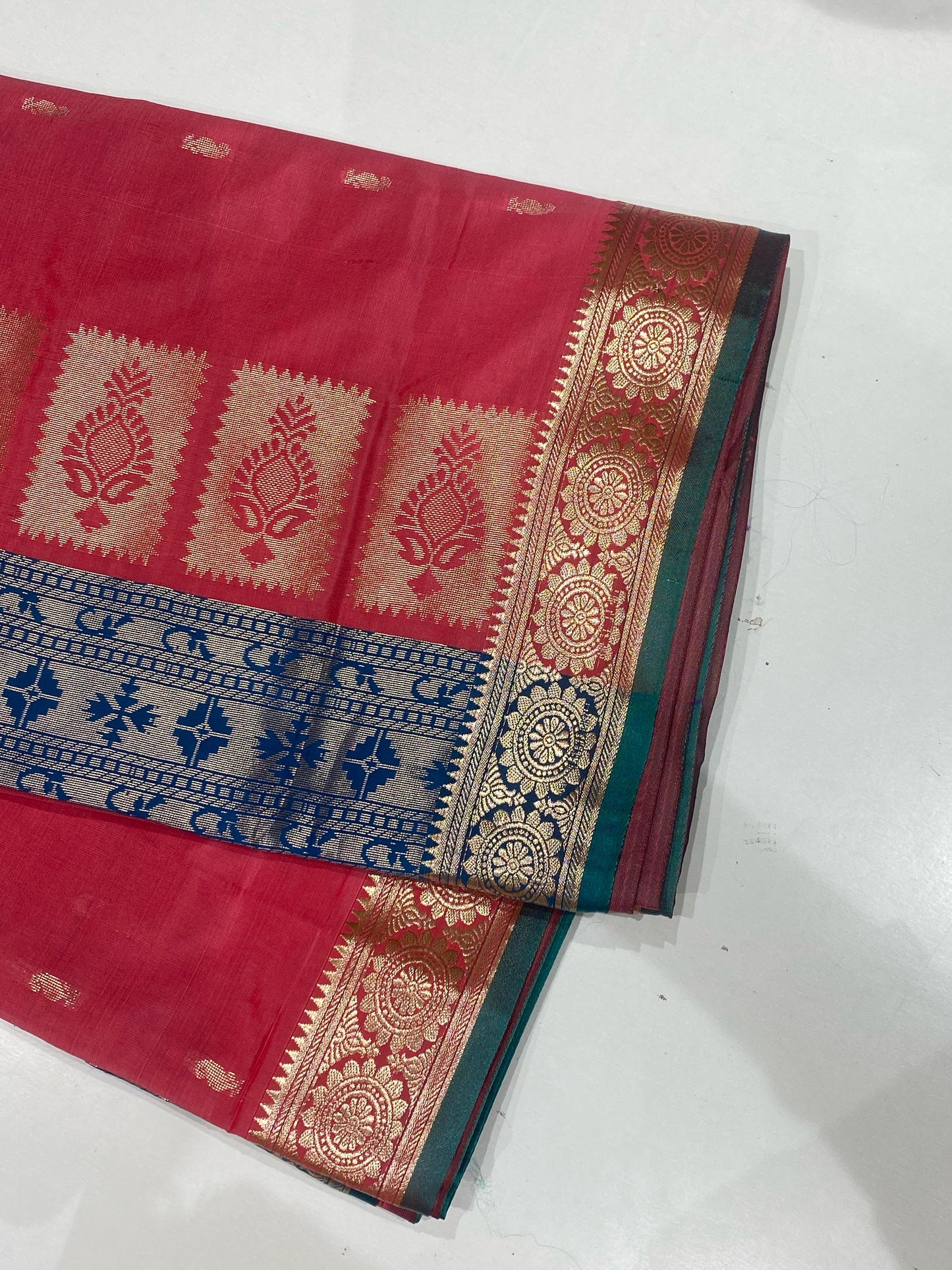 Semi Silk Saree – Pink with Sky Blue Contrast Border & Mango Buttas