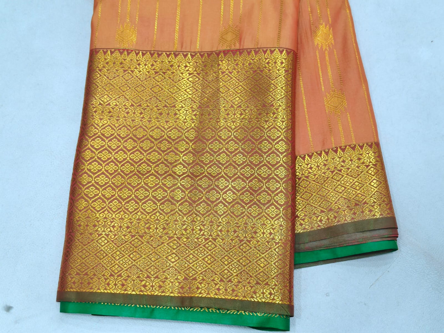 semi silk saree - orange with green
