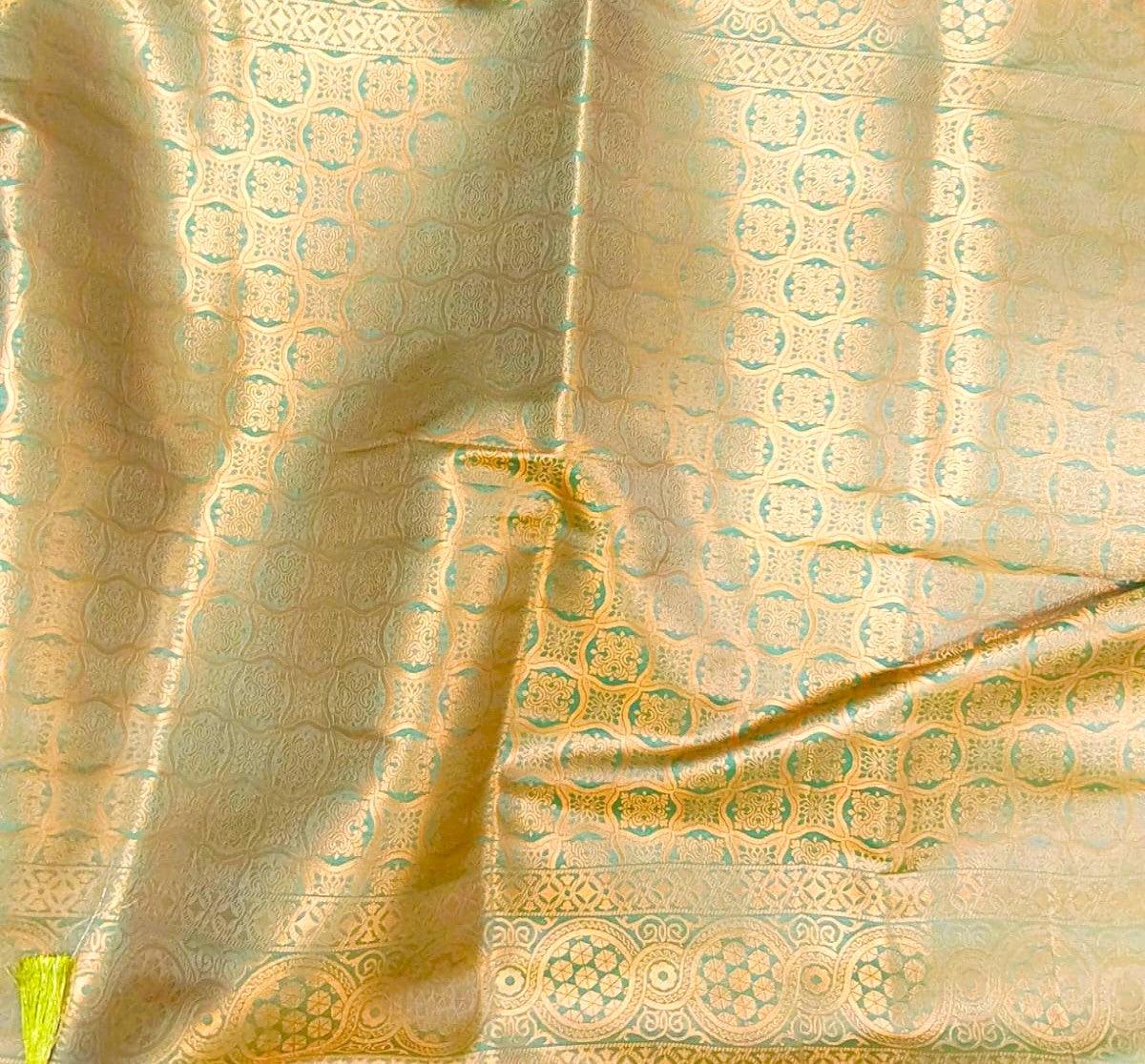 Kanchipuram Soft Silk Saree – Peach with Light Green & Blue Border