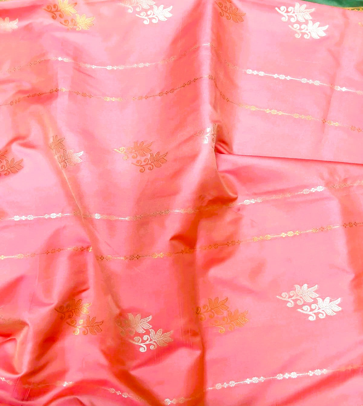 Kanchipuram Soft Silk Saree – Peach with Light Green & Blue Border