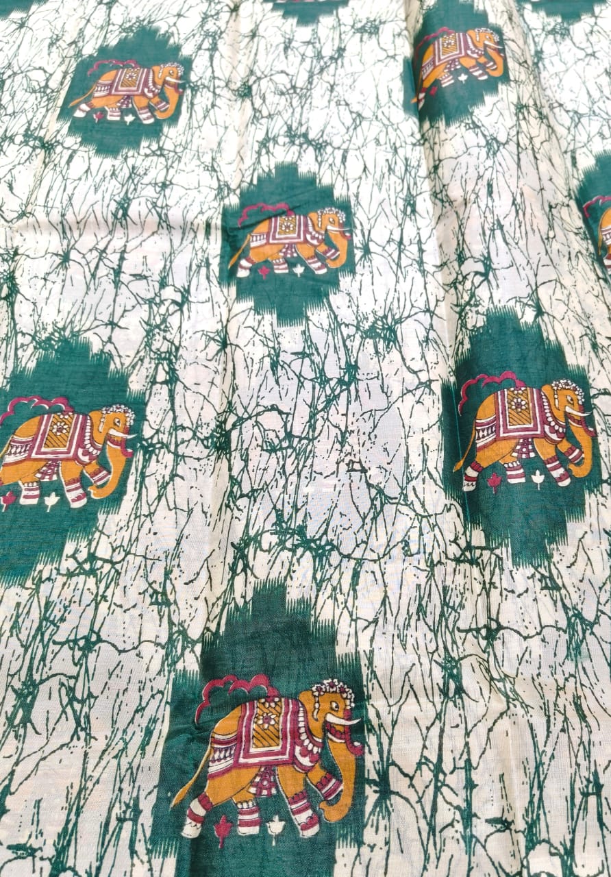 Fancy Saree White with Green color printed Elephant Design