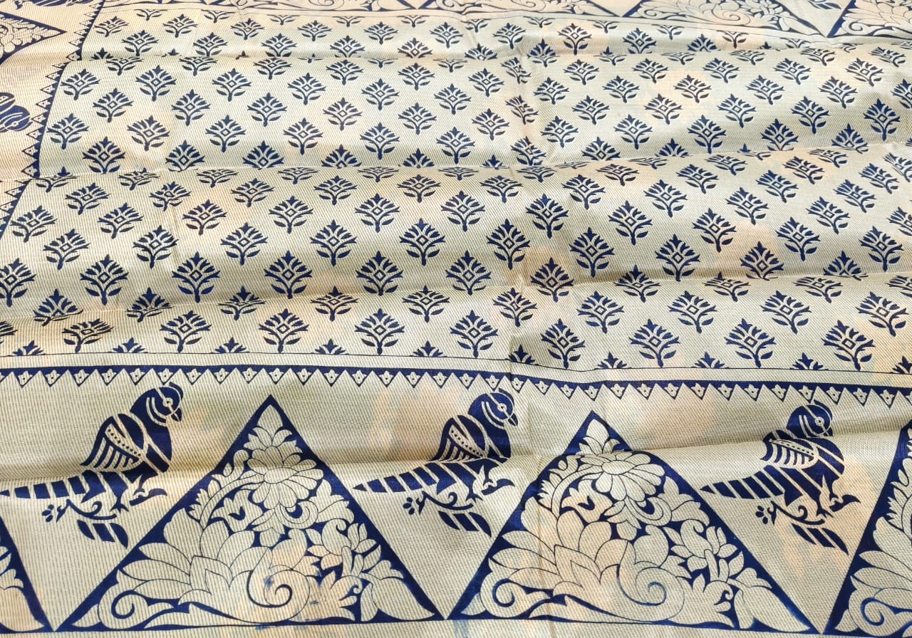 Fancy Saree Rexona Green color with dark blue color flower design border