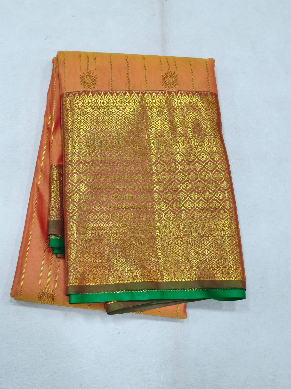 semi silk saree - orange with green