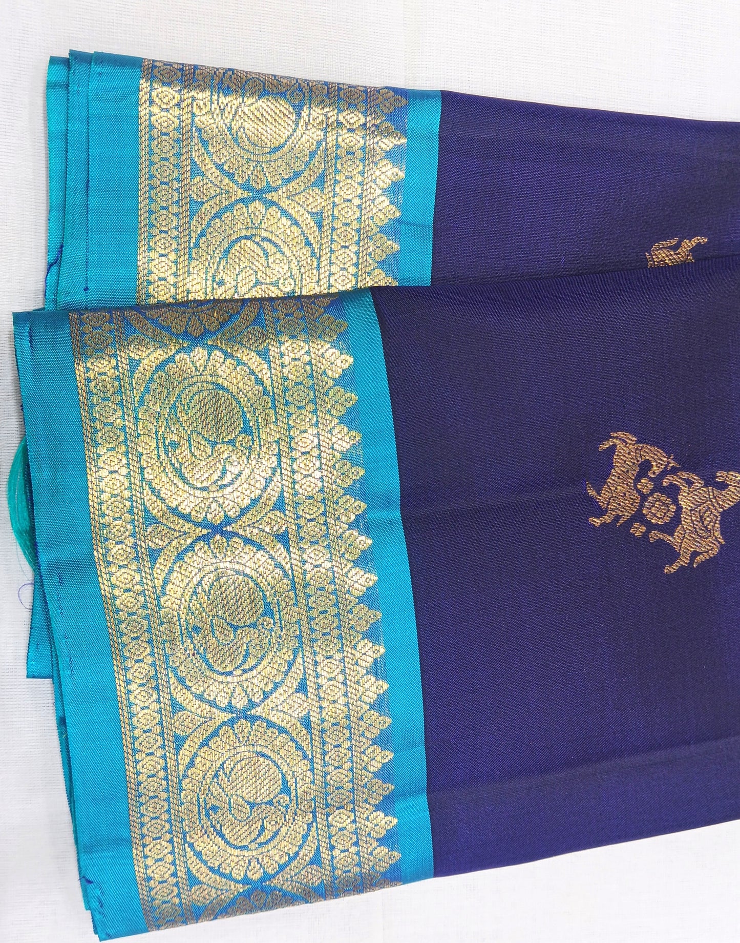Dark Blue Soft Silk Saree with Turquoise Contrast Border