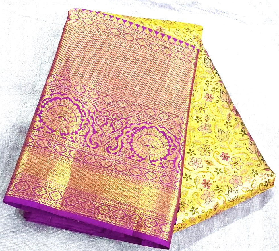 Budget Kanchipuram Silk Saree(yellow color saree with purple color border)