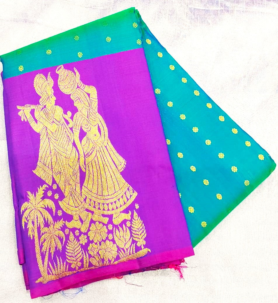 Budget Kanchipuram Silk Saree(Mixed Green with blue color saree purple border)