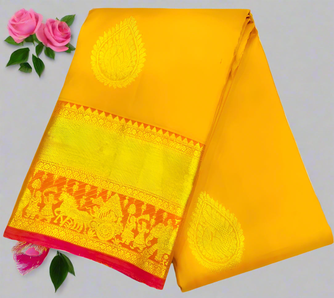 Budget Kanchipuram Silk Saree(Yellow color saree and red mixed pink color border)