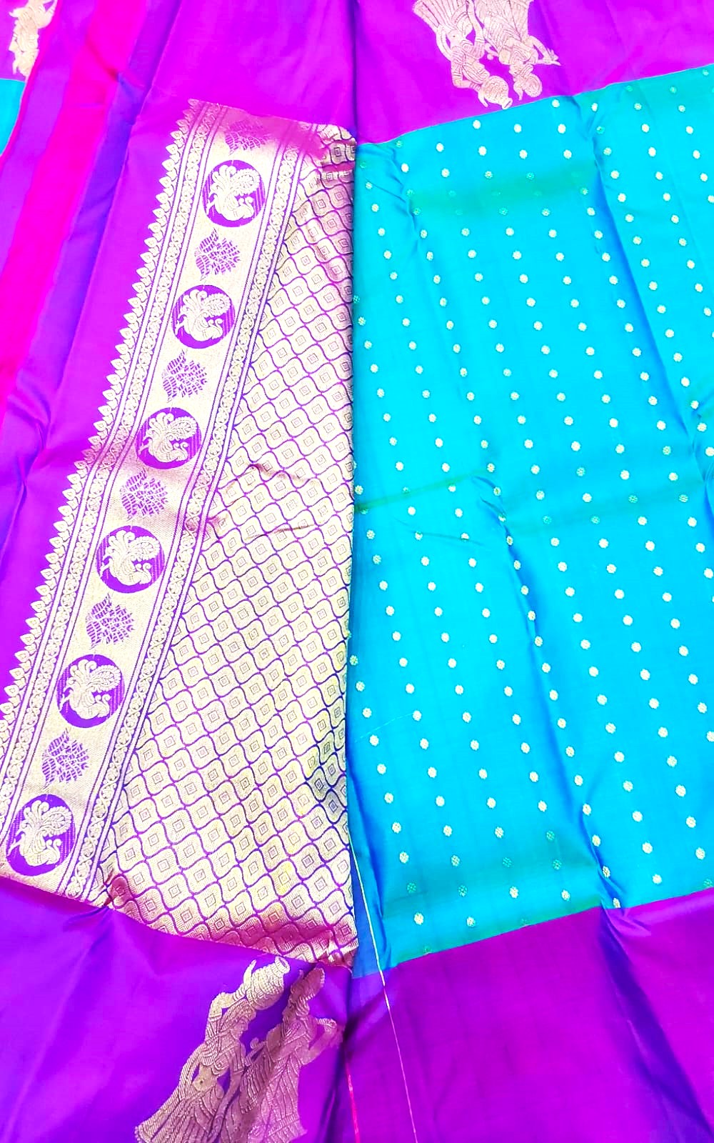 Budget Kanchipuram Silk Saree(Mixed Green with blue color saree purple border)